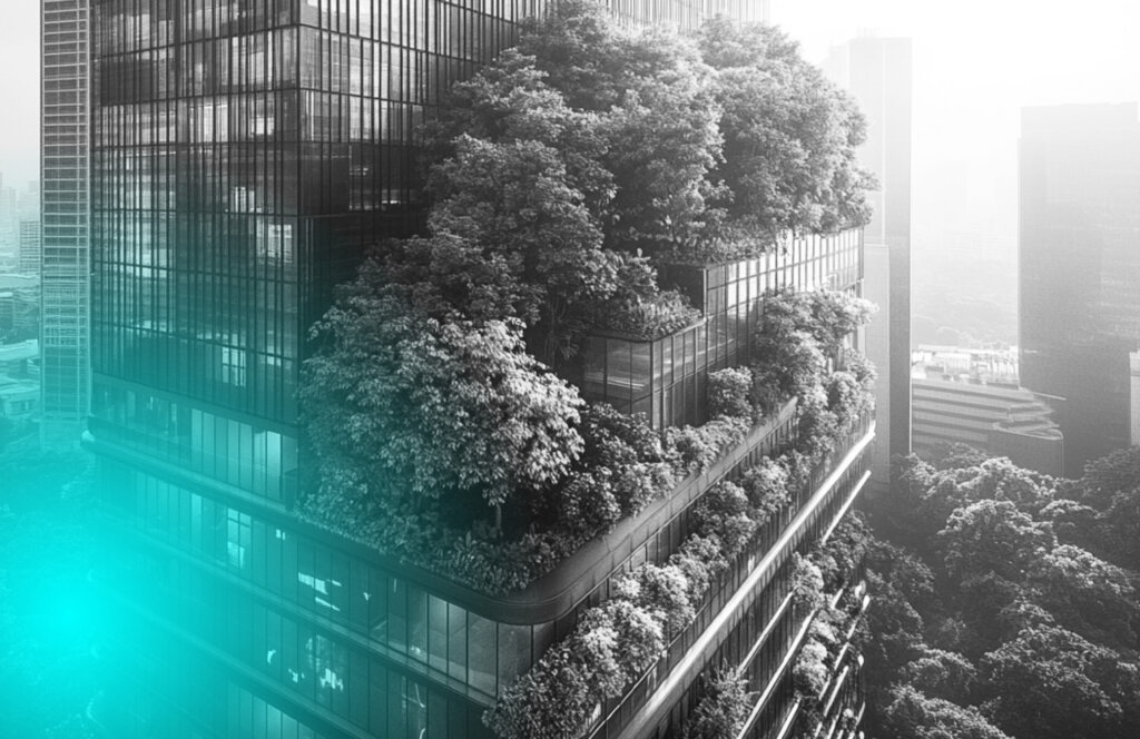 Modernes Bürogebäude mit Bäumen und Pflanzen steht für Geschäftsmodell Transformation, enkelfähige Unternehmensentwicklung und ökologische Zukunftsfähigkeit.